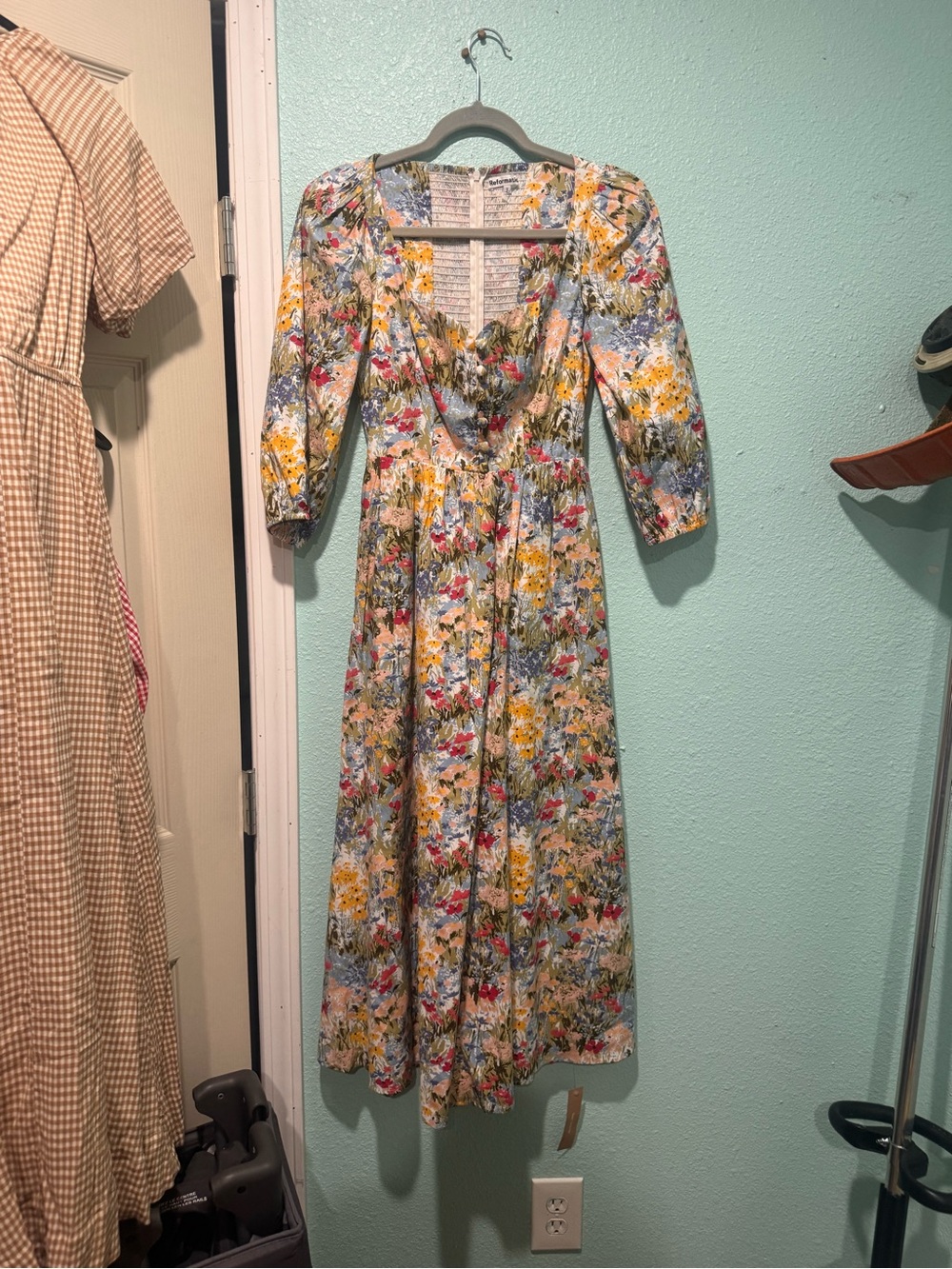 Reformation Madden Floral Midi Dress in Blue, Yellow & Red NWT